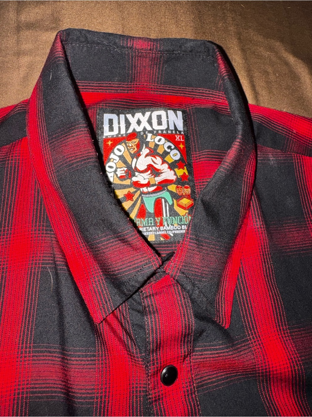 Dixxon Rojo Loco Red & Black Bamboo short sleeve Plaid Men's Button-Up Shirt - Picture 3 of 4
